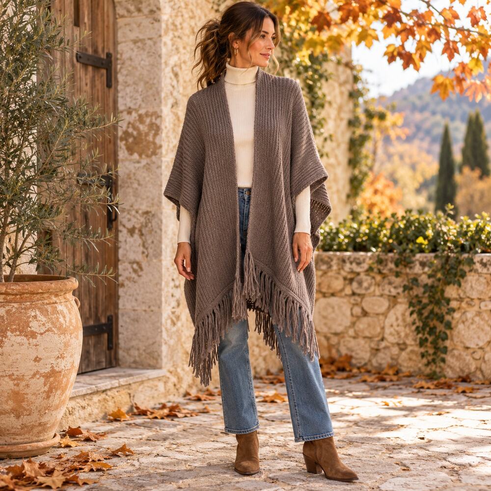 MAXSPORT Poncho Cardigan OS Brown Knit Open Front Fringe Boho Wrap Western